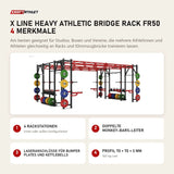 Titanium Strength X Line Heavy Athletic Bridge Rack FR50 mit 4 Merkmalen: 4 Rackstationen, Doppelte Monkey-Bars-Leiter, Lageranschlüsse für Bumper Plates und Kettlebells, Profil 70 × 70 × 3 mm