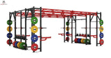 Titanium Strength X Line Heavy Athletic Bridge Rack FR50 – Schrägansicht mit roter Traverse und Hantelscheibenablagen
