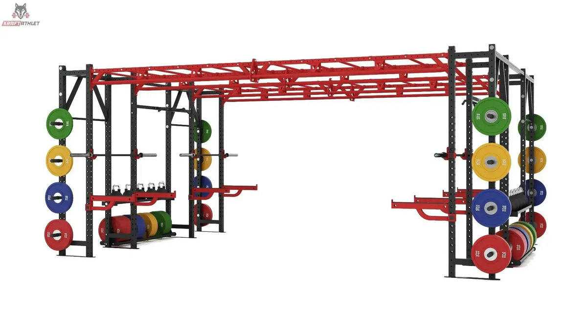 Titanium Strength X Line Heavy Athletic Bridge Rack FR50 – Seitenansicht mit bunten Hantelscheiben an beiden Enden