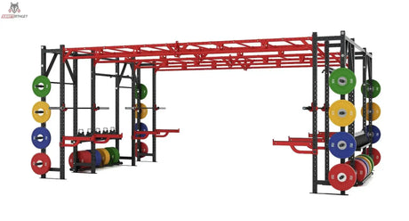 Titanium Strength X Line Heavy Athletic Bridge Rack FR50 – Seitenansicht mit bunten Hantelscheiben an beiden Enden