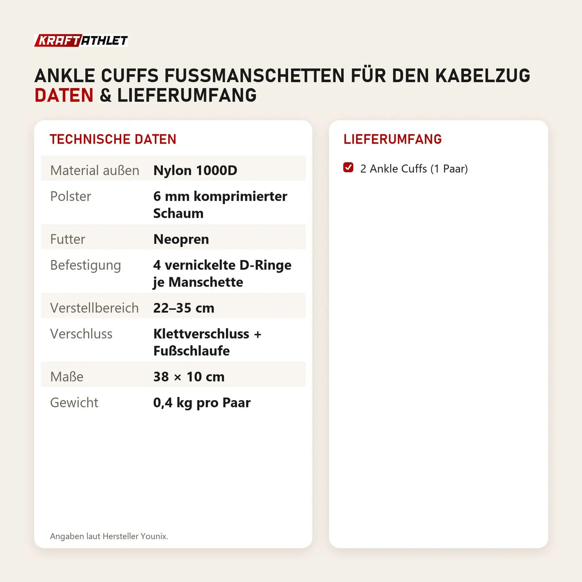 Technische Daten und Lieferumfang von Younix Ankle Cuffs Fußmanschetten für den Kabelzug als Tabelle