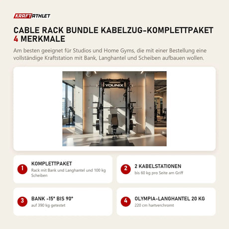 Younix Cable Rack Bundle Kabelzug-Komplettpaket mit 4 Merkmalen: Komplettpaket, 2 Kabelstationen, Bank -15° bis 90°, Olympia-Langhantel 20 kg