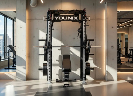 Younix Cable Rack Bundle Kabelzug-Komplettpaket, im hellen Studio mit Hantelbank, Frontansicht