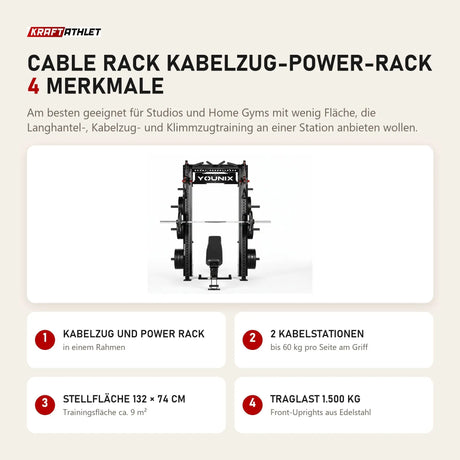 Younix Cable Rack Kabelzug-Power-Rack mit 4 Merkmalen: Kabelzug und Power Rack, 2 Kabelstationen, Stellfläche 132 × 74 cm, Traglast 1.500 kg