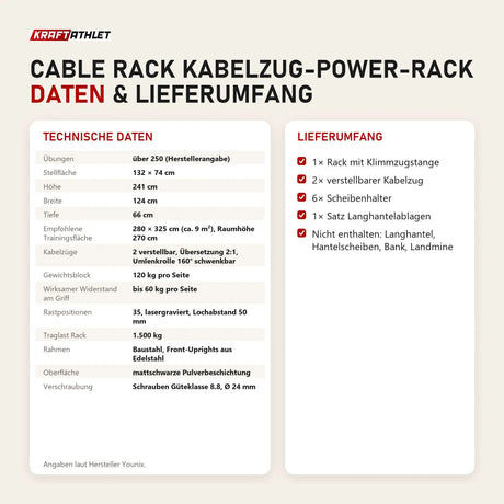 Technische Daten und Lieferumfang von Younix Cable Rack Kabelzug-Power-Rack als Tabelle