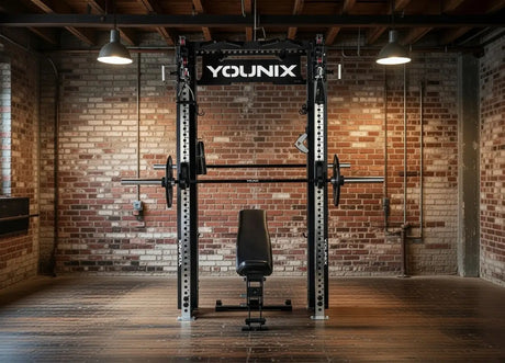 Younix Cable Rack Smith Bundle Komplettpaket mit Smith Machine, vor einer Backsteinwand mit Hantelbank