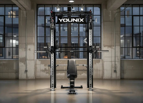 Younix Cable Rack Smith Bundle Komplettpaket mit Smith Machine, frontal in einem Loft mit großen Fenstern und Hantelbank