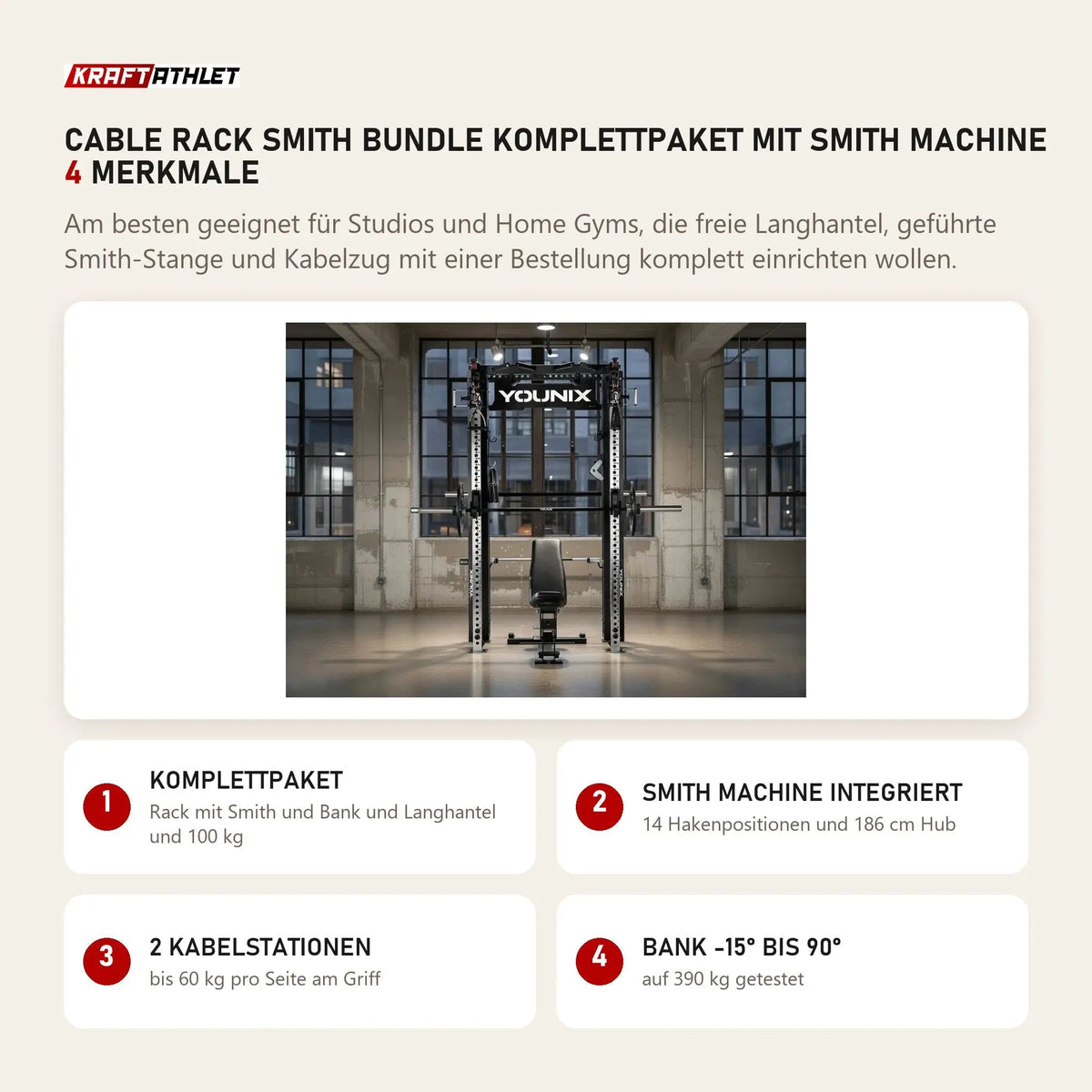 Younix Cable Rack Smith Bundle Komplettpaket mit Smith Machine mit 4 Merkmalen: Komplettpaket, Smith Machine integriert, 2 Kabelstationen, Bank -15° bis 90°