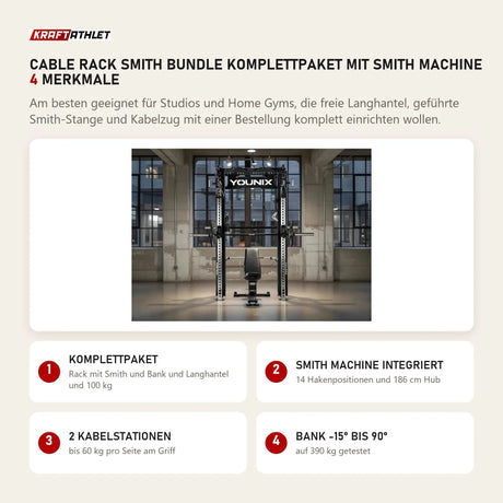 Younix Cable Rack Smith Bundle Komplettpaket mit Smith Machine mit 4 Merkmalen: Komplettpaket, Smith Machine integriert, 2 Kabelstationen, Bank -15° bis 90°