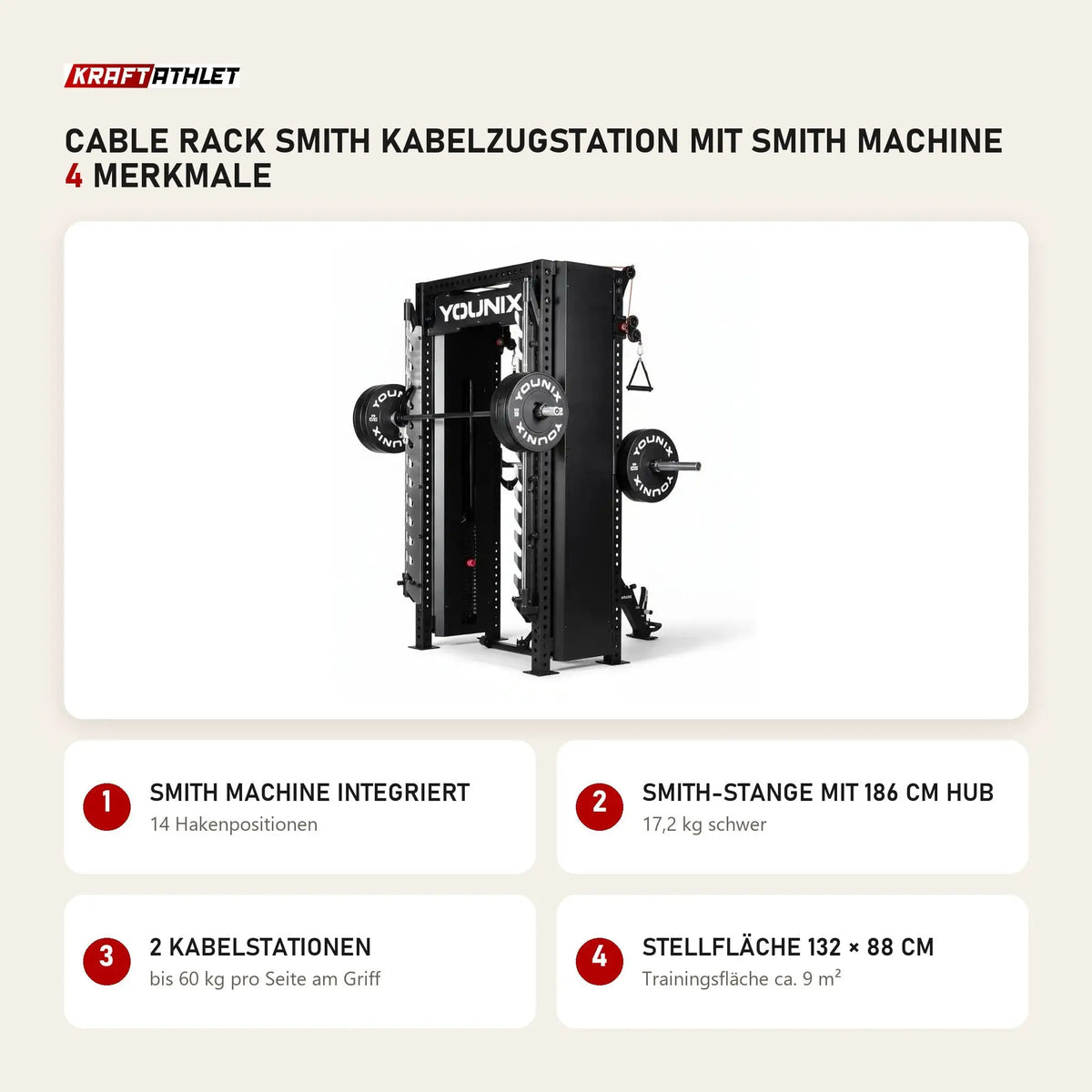 Younix Cable Rack Smith Kabelzugstation mit Smith Machine mit 4 Merkmalen: Smith Machine integriert, Smith-Stange mit 186 cm Hub, 2 Kabelstationen, Stellfläche 132 × 88 cm