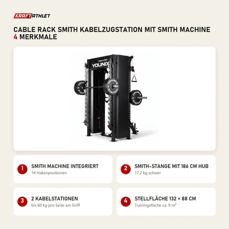 Younix Cable Rack Smith Kabelzugstation mit Smith Machine mit 4 Merkmalen: Smith Machine integriert, Smith-Stange mit 186 cm Hub, 2 Kabelstationen, Stellfläche 132 × 88 cm