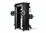 Younix Cable Rack Smith Kabelzugstation mit Smith Machine, Schrägansicht mit Hantelscheiben auf weißem Hintergrund