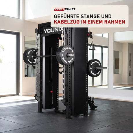 Younix Cable Rack Smith Kabelzugstation mit Smith Machine in einem hellen Home-Gym