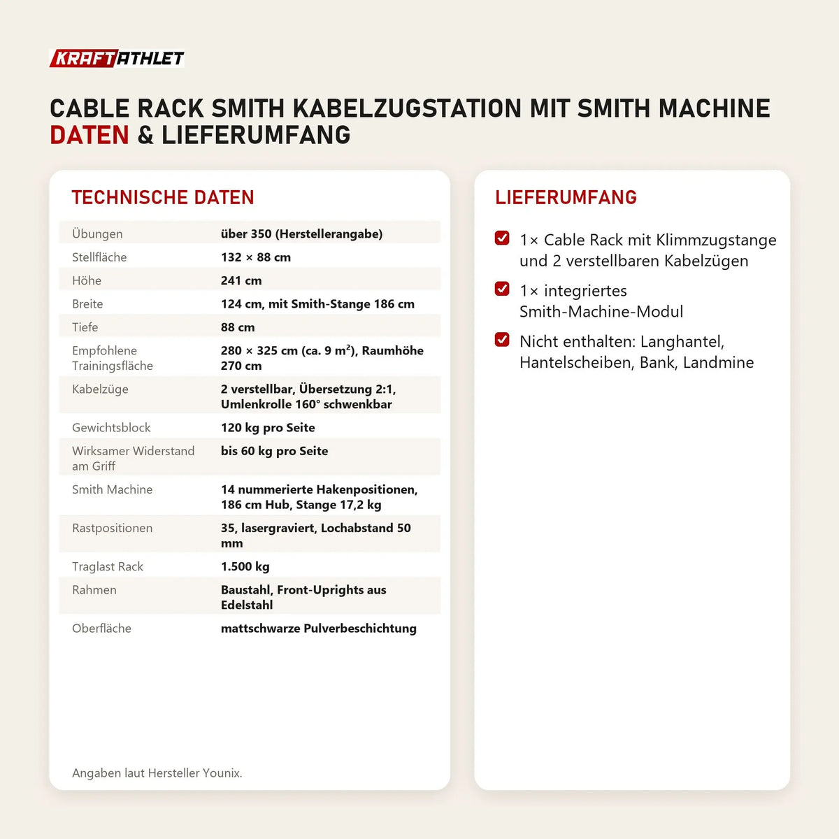 Technische Daten und Lieferumfang von Younix Cable Rack Smith Kabelzugstation mit Smith Machine als Tabelle