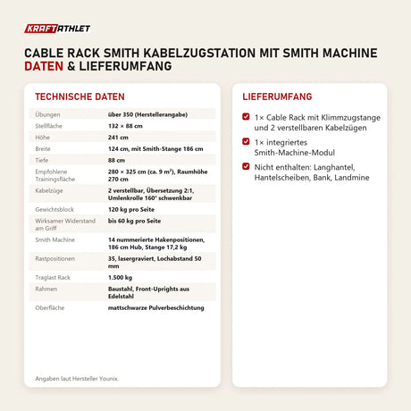 Technische Daten und Lieferumfang von Younix Cable Rack Smith Kabelzugstation mit Smith Machine als Tabelle