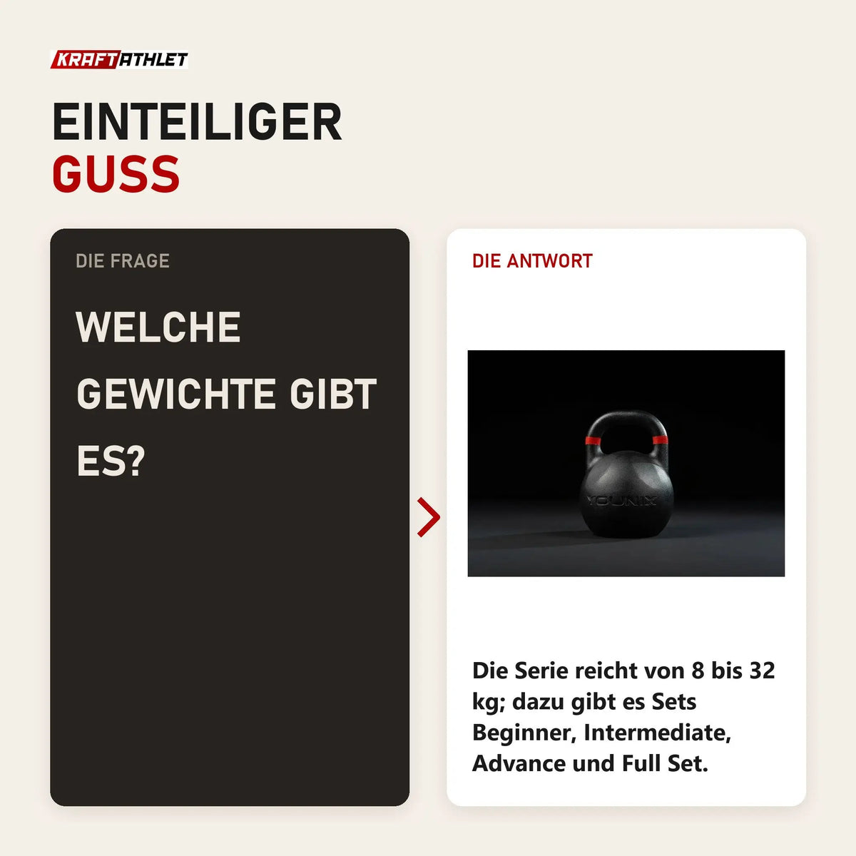 Frage und Antwort zu Younix Competition Kettlebell 16 kg Gusseisen: Welche Gewichte gibt es?