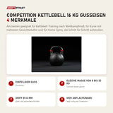Younix Competition Kettlebell 16 kg Gusseisen mit 4 Merkmalen: Einteiliger Guss, Gleiche Maße von 8 bis 32 kg, Griff Ø 33 mm, Vier Abflachungen