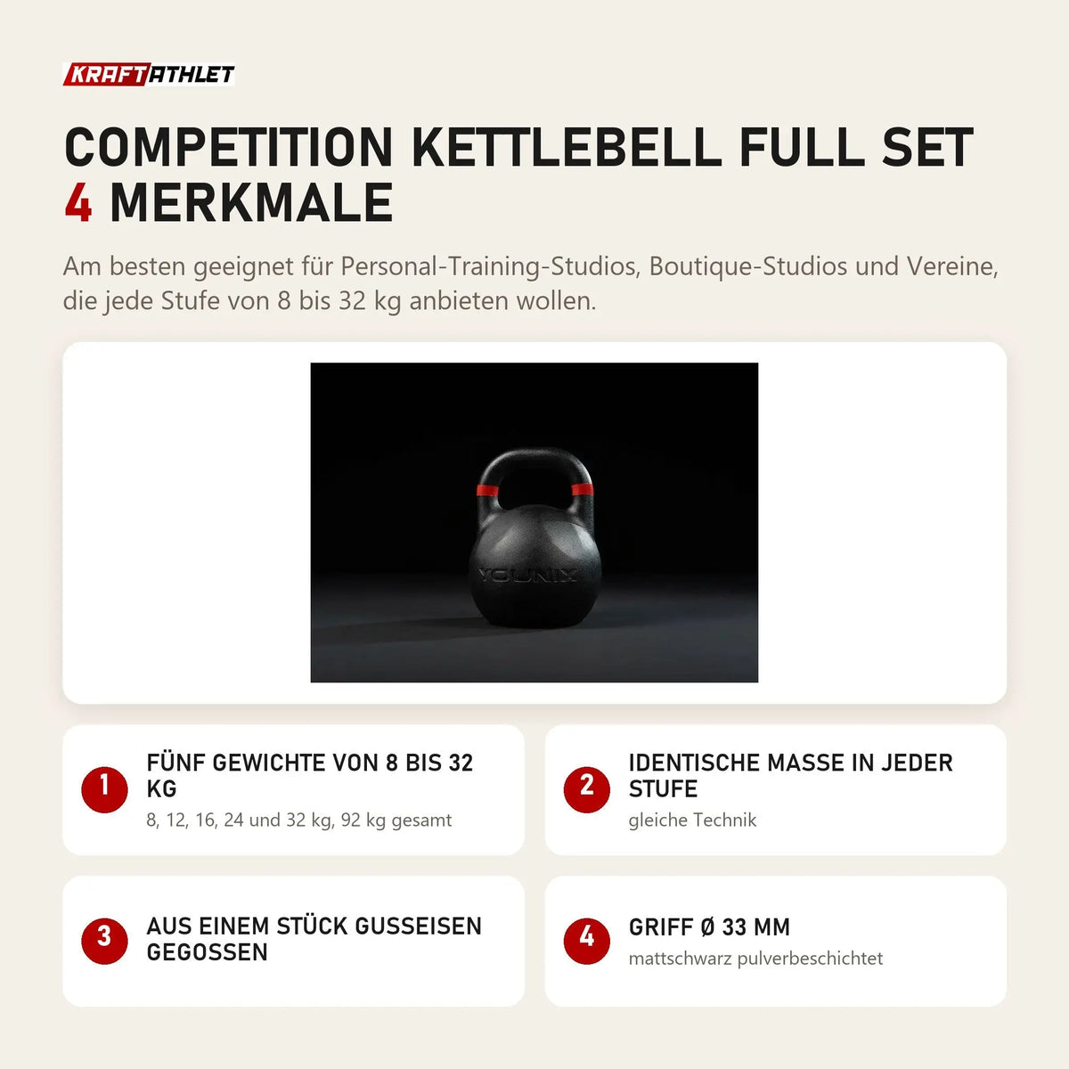 Younix Competition Kettlebell Full Set mit 4 Merkmalen: Fünf Gewichte von 8 bis 32 kg, Identische Maße in jeder Stufe, Aus einem Stück Gusseisen gegossen, Griff Ø 33 mm