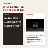 Frage und Antwort zu Younix Competition Kettlebell Set Beginner: Warum sind alle Gewichte gleich groß?