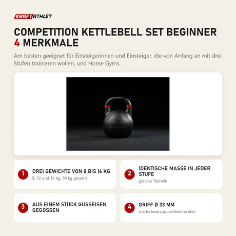 Younix Competition Kettlebell Set Beginner mit 4 Merkmalen: Drei Gewichte von 8 bis 16 kg, Identische Maße in jeder Stufe, Aus einem Stück Gusseisen gegossen, Griff Ø 33 mm