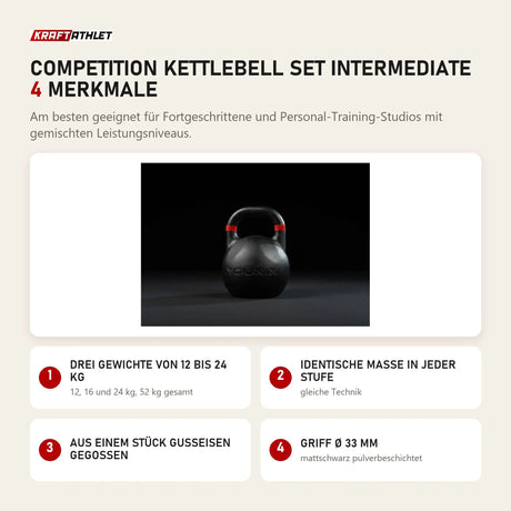 Younix Competition Kettlebell Set Intermediate mit 4 Merkmalen: Drei Gewichte von 12 bis 24 kg, Identische Maße in jeder Stufe, Aus einem Stück Gusseisen gegossen, Griff Ø 33 mm