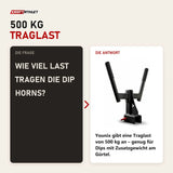 Frage und Antwort zu Younix Dip Horns 2.0 Dip-Aufsatz fürs Rack: Wie viel Last tragen die Dip Horns?