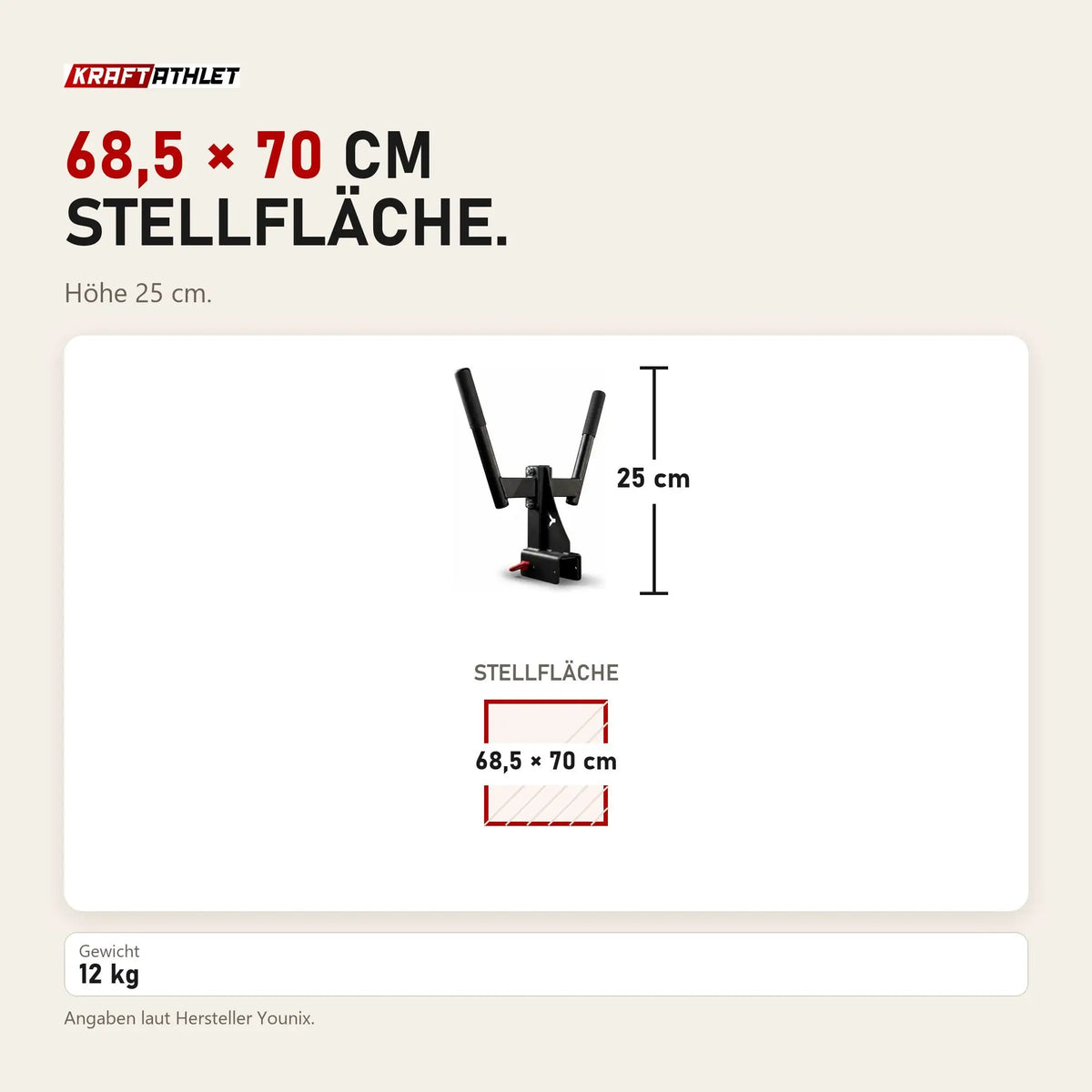 Maßbild Younix Dip Horns 2.0 Dip-Aufsatz fürs Rack: Stellfläche 68,5 × 70 cm, Höhe 25 cm