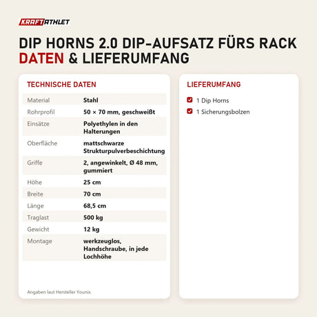 Technische Daten und Lieferumfang von Younix Dip Horns 2.0 Dip-Aufsatz fürs Rack als Tabelle
