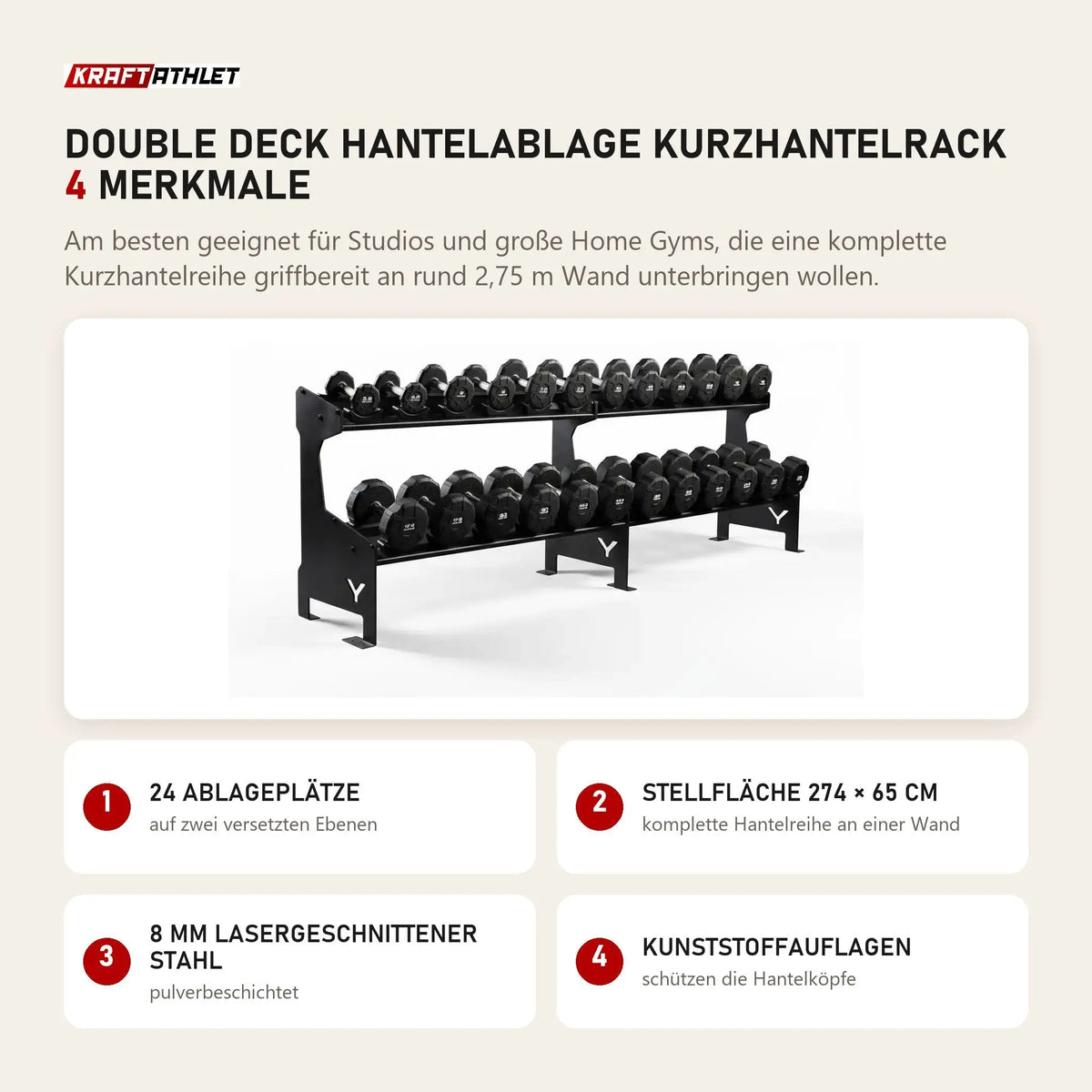 Younix Double Deck Hantelablage Kurzhantelrack mit 4 Merkmalen: 24 Ablageplätze, Stellfläche 274 × 65 cm, 8 mm lasergeschnittener Stahl, Kunststoffauflagen