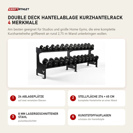 Younix Double Deck Hantelablage Kurzhantelrack mit 4 Merkmalen: 24 Ablageplätze, Stellfläche 274 × 65 cm, 8 mm lasergeschnittener Stahl, Kunststoffauflagen