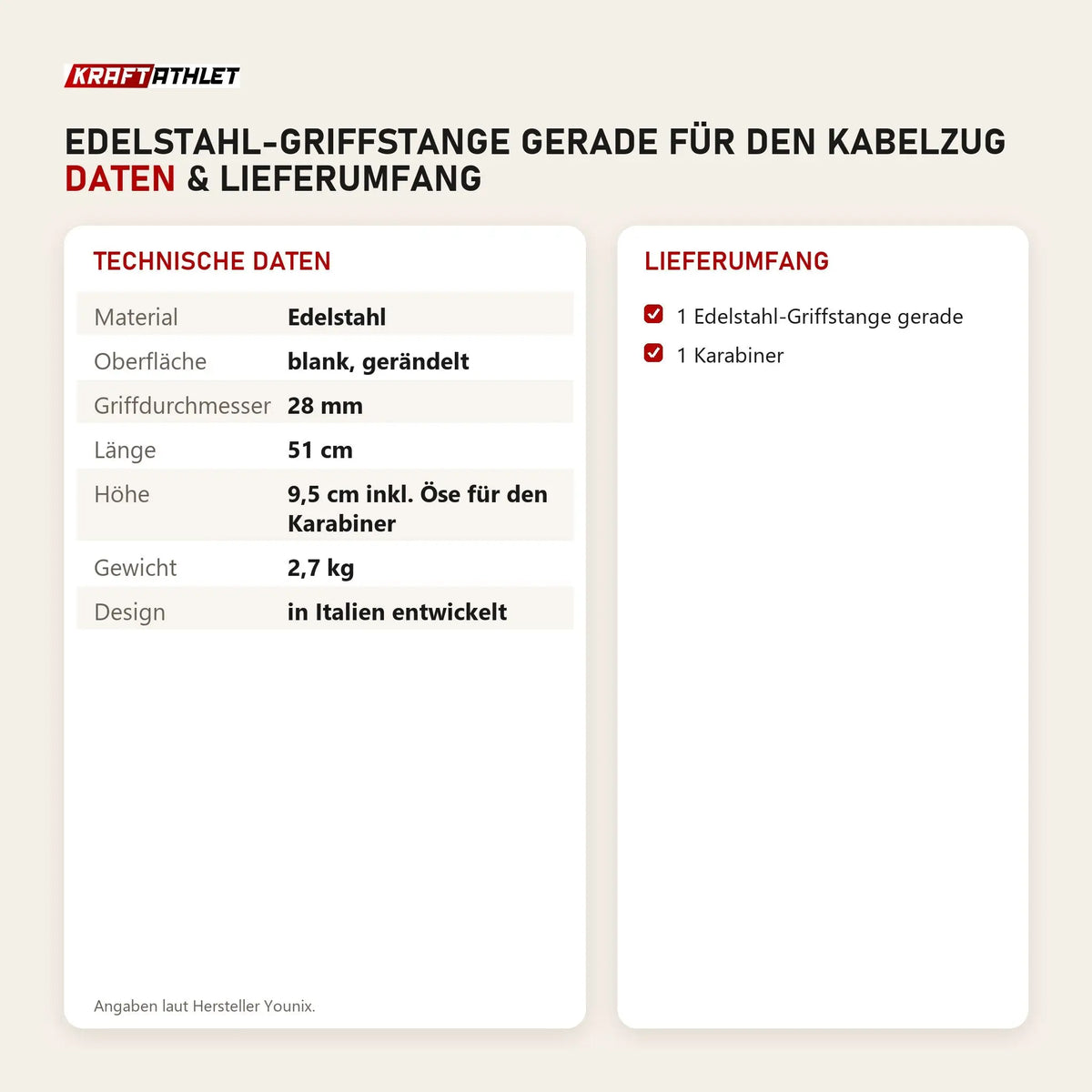 Technische Daten und Lieferumfang von Younix Edelstahl-Griffstange gerade für den Kabelzug als Tabelle