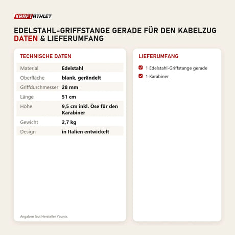 Technische Daten und Lieferumfang von Younix Edelstahl-Griffstange gerade für den Kabelzug als Tabelle