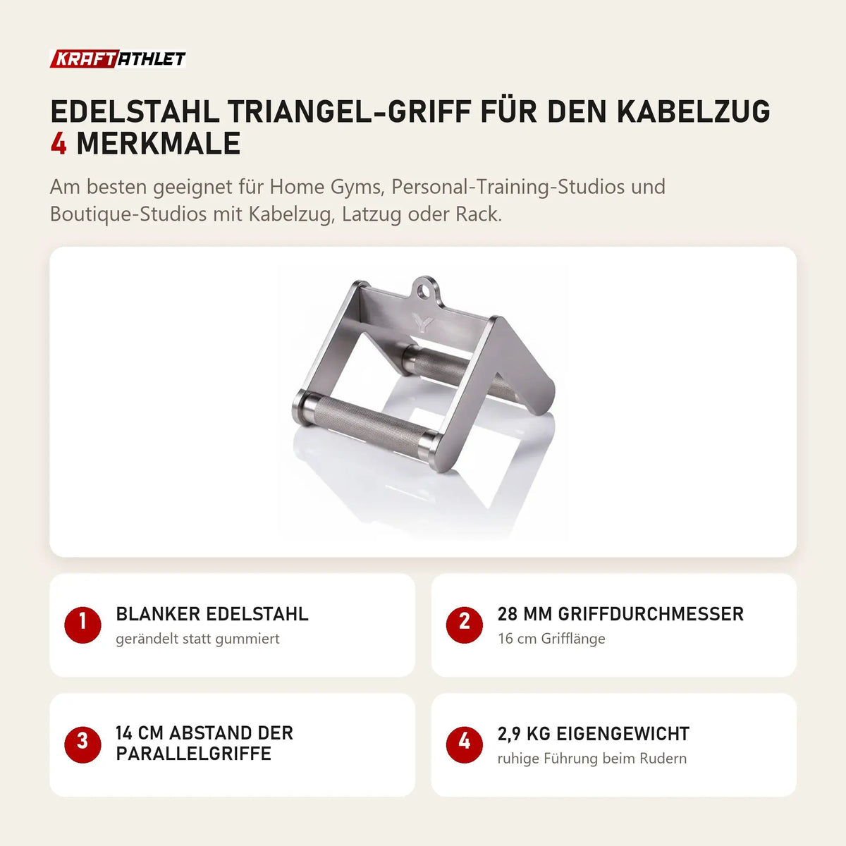 Younix Edelstahl Triangel-Griff für den Kabelzug mit 4 Merkmalen: Blanker Edelstahl, 28 mm Griffdurchmesser, 14 cm Abstand der Parallelgriffe, 2,9 kg Eigengewicht