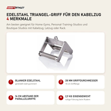 Younix Edelstahl Triangel-Griff für den Kabelzug mit 4 Merkmalen: Blanker Edelstahl, 28 mm Griffdurchmesser, 14 cm Abstand der Parallelgriffe, 2,9 kg Eigengewicht