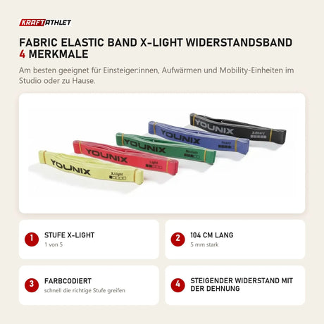 Younix Fabric Elastic Band X-Light Widerstandsband mit 4 Merkmalen: Stufe X-Light, 104 cm lang, Farbcodiert, Steigender Widerstand mit der Dehnung