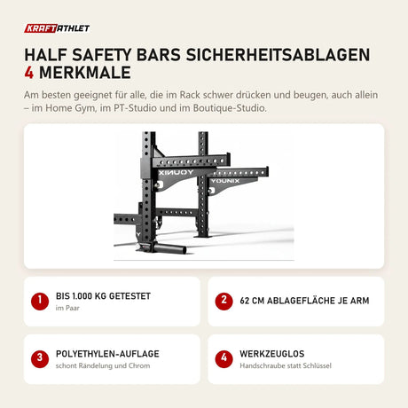 Younix Half Safety Bars Sicherheitsablagen mit 4 Merkmalen: Bis 1.000 kg getestet, 62 cm Ablagefläche je Arm, Polyethylen-Auflage, Werkzeuglos