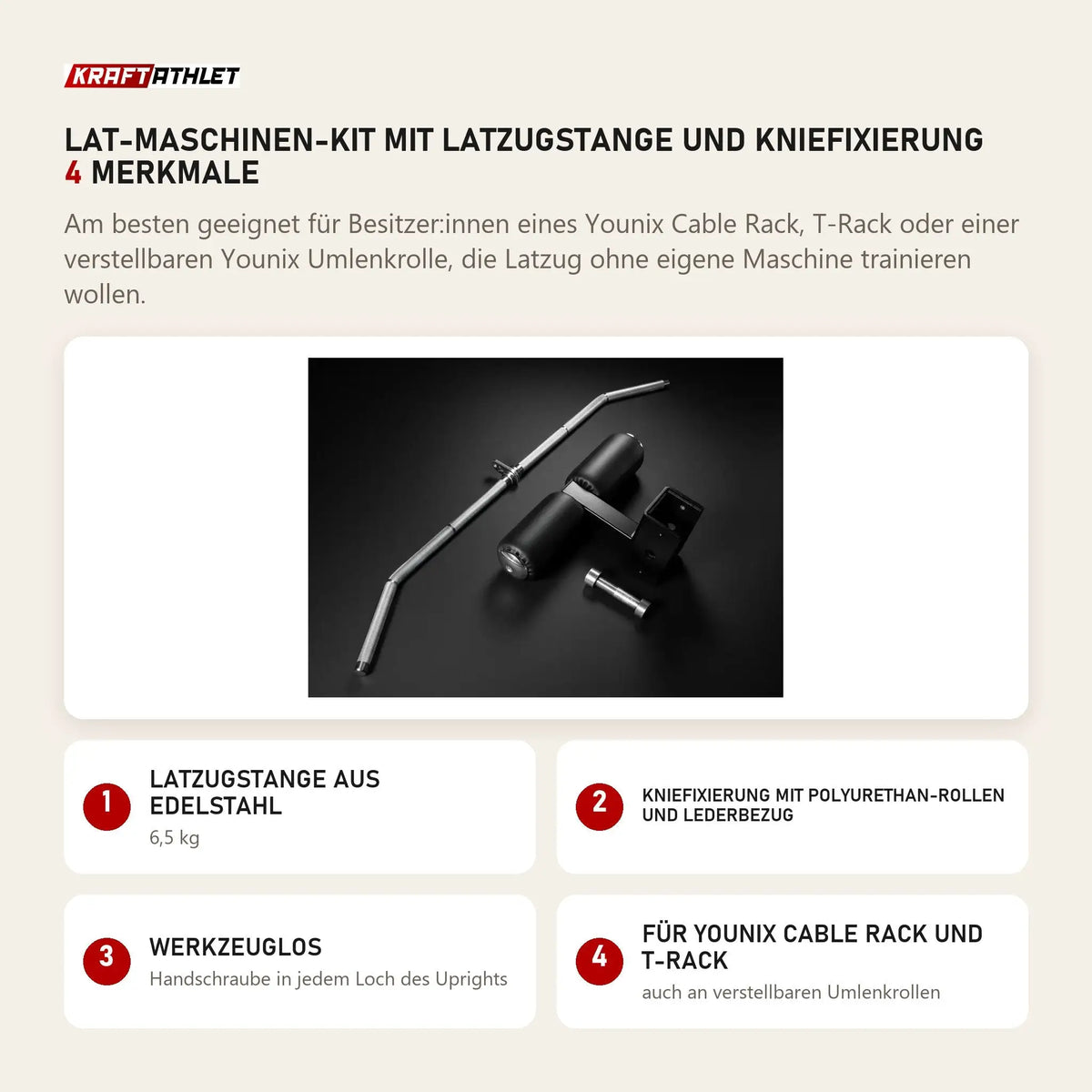 Younix Lat-Maschinen-Kit mit Latzugstange und Kniefixierung mit 4 Merkmalen: Latzugstange aus Edelstahl, Kniefixierung mit Polyurethan-Rollen und Lederbezug, Werkzeuglos, Für Cable Rack und T-Rack