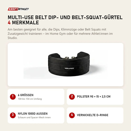 Younix Multi-Use Belt Dip- und Belt-Squat-Gürtel mit 4 Merkmalen: 6 Größen, Polster 90 × 15 × 2,5 cm, Nylon 1000D außen, Vernickelte D-Ringe