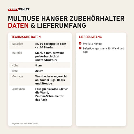 Technische Daten und Lieferumfang von Younix Multiuse Hanger Zubehörhalter als Tabelle