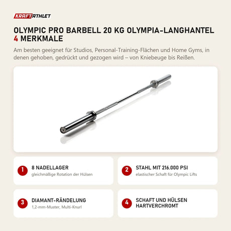 Younix Olympic Pro Barbell 20 kg Olympia-Langhantel mit 4 Merkmalen: 8 Nadellager, Stahl mit 216.000 PSI, Diamant-Rändelung, Schaft und Hülsen hartverchromt