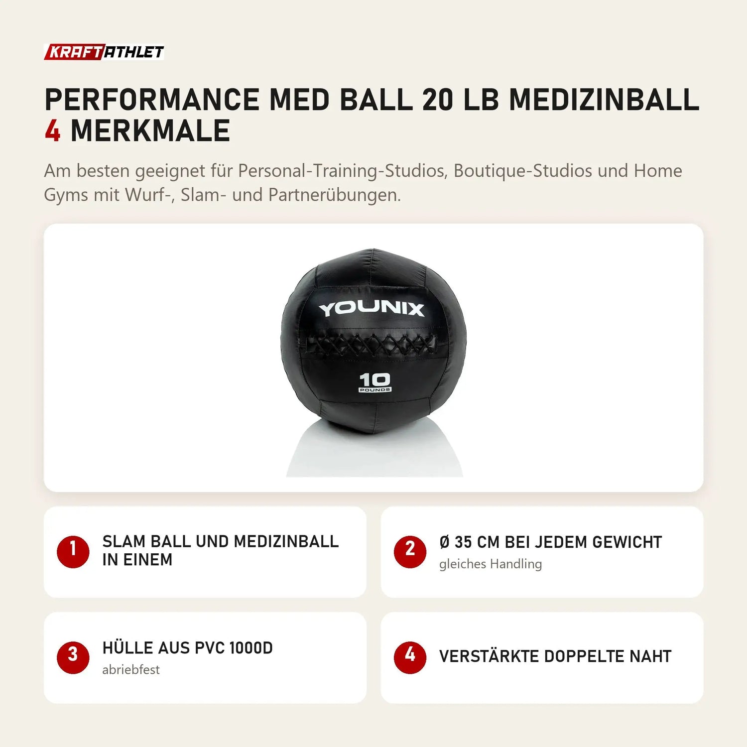 Younix Performance Med Ball 20 lb Medizinball mit 4 Merkmalen: Slam Ball und Medizinball in einem, Ø 35 cm bei jedem Gewicht, Hülle aus PVC 1000D, Verstärkte doppelte Naht