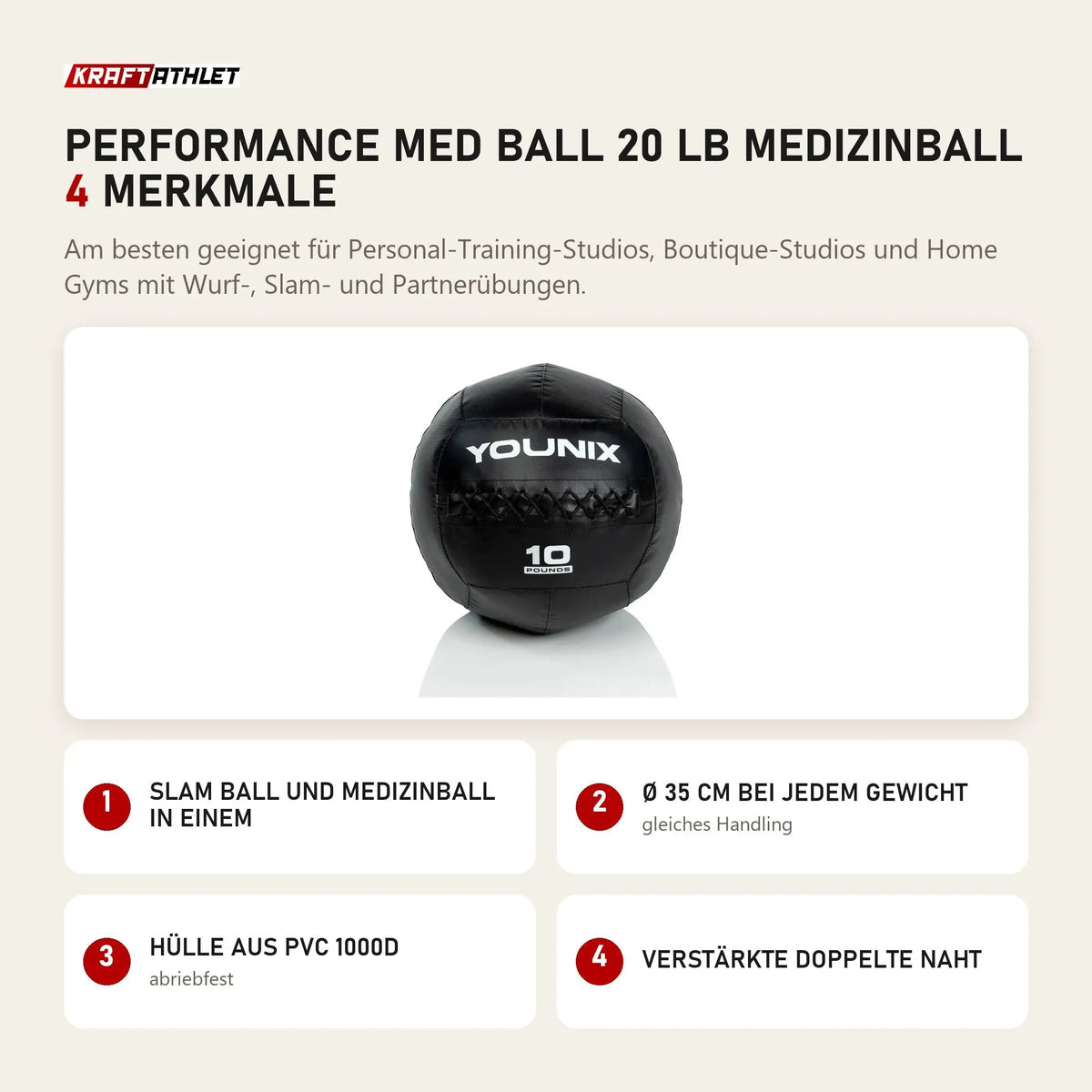 Younix Performance Med Ball 20 lb Medizinball mit 4 Merkmalen: Slam Ball und Medizinball in einem, Ø 35 cm bei jedem Gewicht, Hülle aus PVC 1000D, Verstärkte doppelte Naht