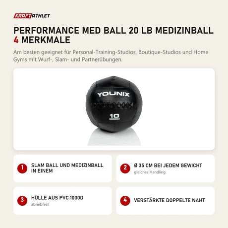 Younix Performance Med Ball 20 lb Medizinball mit 4 Merkmalen: Slam Ball und Medizinball in einem, Ø 35 cm bei jedem Gewicht, Hülle aus PVC 1000D, Verstärkte doppelte Naht