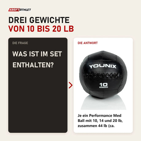 Frage und Antwort zu Younix Performance Med Ball Set Medizinbälle: Was ist im Set enthalten?