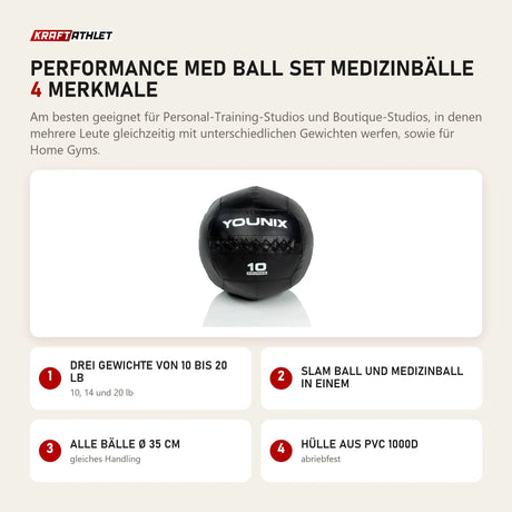 Younix Performance Med Ball Set Medizinbälle mit 4 Merkmalen: Drei Gewichte von 10 bis 20 lb, Slam Ball und Medizinball in einem, Alle Bälle Ø 35 cm, Hülle aus PVC 1000D