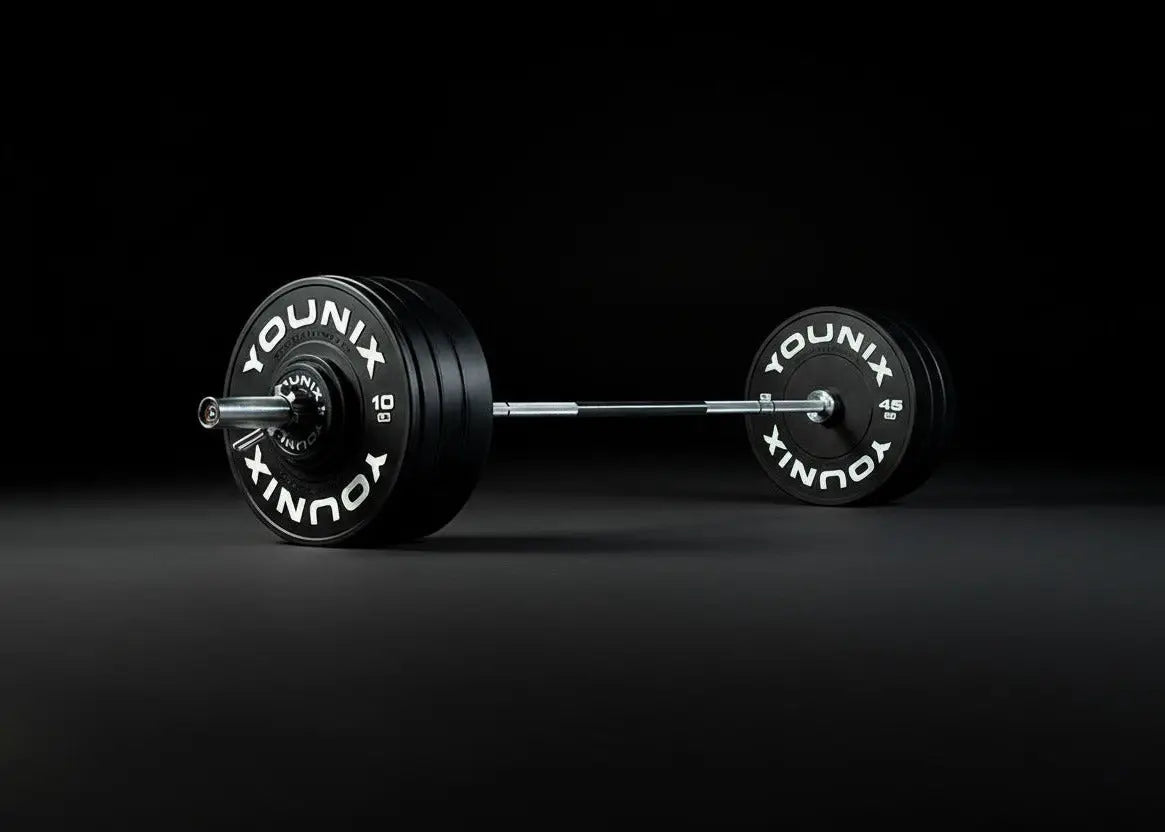 Younix Premium Bumper Plate 20 kg Hantelscheibe auf einer Langhantel, Seitenansicht vor dunklem Hintergrund