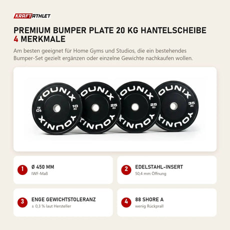Younix Premium Bumper Plate 20 kg Hantelscheibe mit 4 Merkmalen: Ø 450 mm, Edelstahl-Insert, Enge Gewichtstoleranz, 88 Shore A