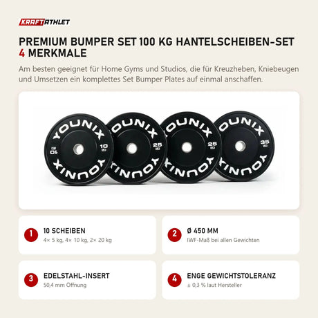 Younix Premium Bumper Set 100 kg Hantelscheiben-Set mit 4 Merkmalen: 10 Scheiben, Ø 450 mm, Edelstahl-Insert, Enge Gewichtstoleranz