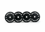 Younix Premium Bumper Set 100 kg Hantelscheiben-Set, vier schwarze Scheiben in einer Reihe auf Weiß