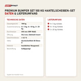 Technische Daten und Lieferumfang von Younix Premium Bumper Set 100 kg Hantelscheiben-Set als Tabelle